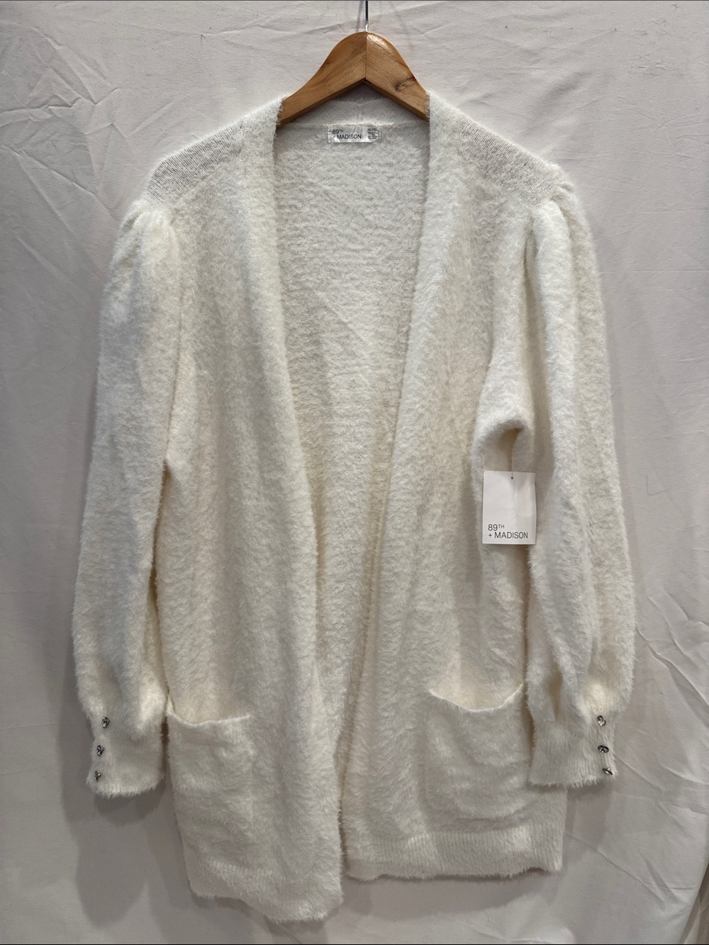 89th & Madison White Ivory Open-Front Cozy Cardigan Sweater XL Rhinestone Button